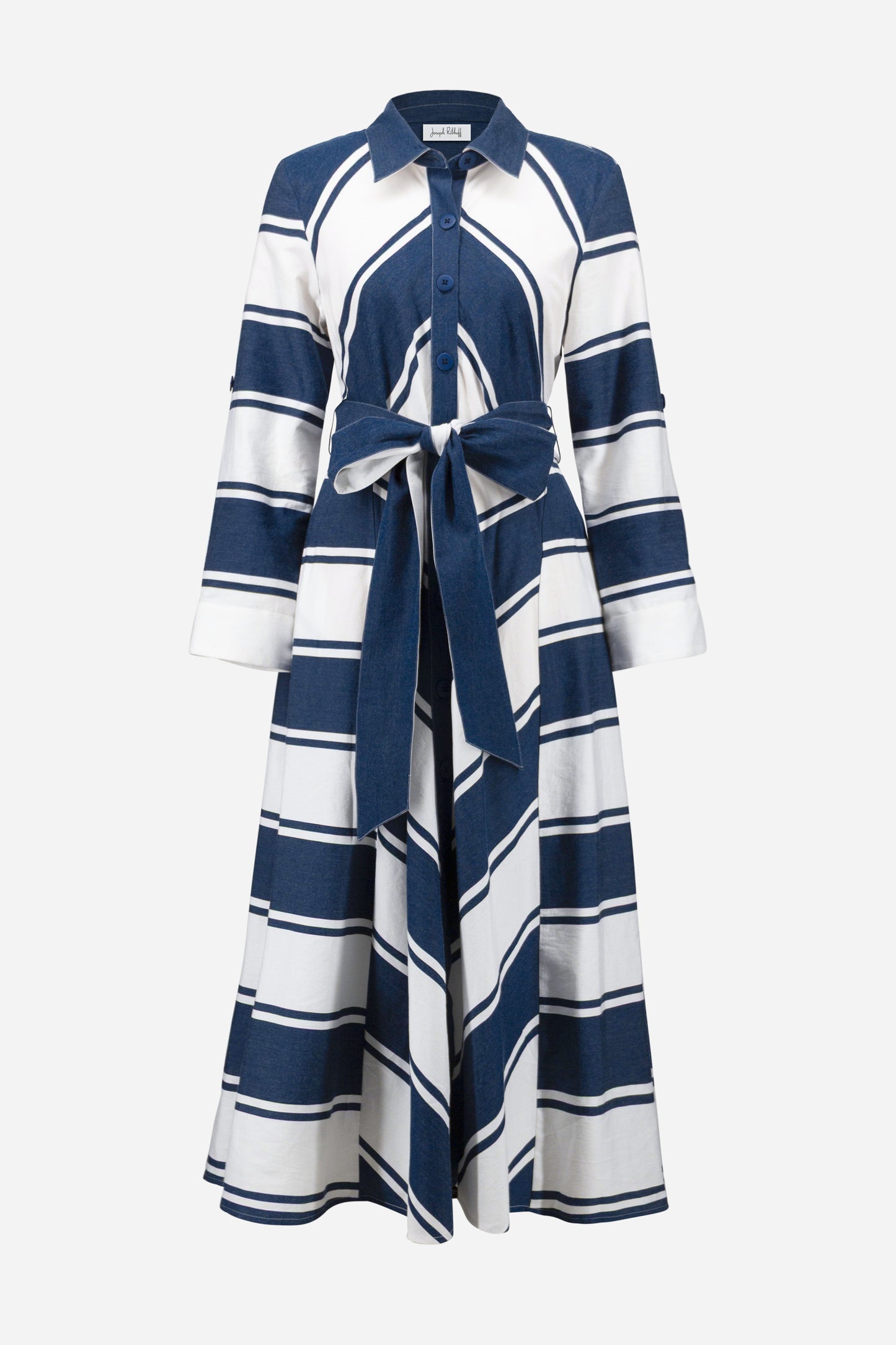 COTTON STRIPE FIT &FLARE SHIRT DRESS WITH REVERSIBLE SASH JOSEPH RIBKOFF