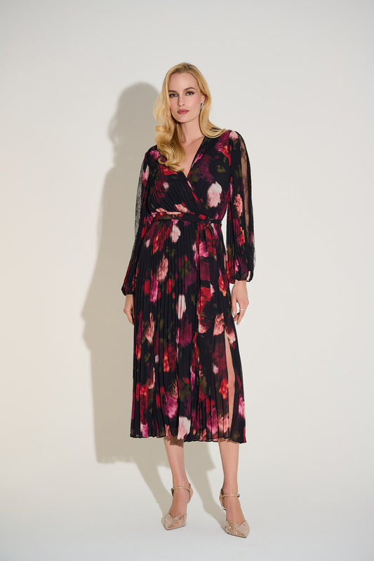 PLEATED CHIFFON FLORAL DRESS JOSEPH RIBKOFF