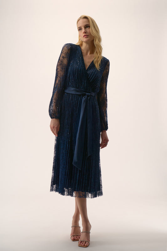 SEQUINED PLEATED LACE FIT & FLARE DRESS JOSEPH RIBKOFF