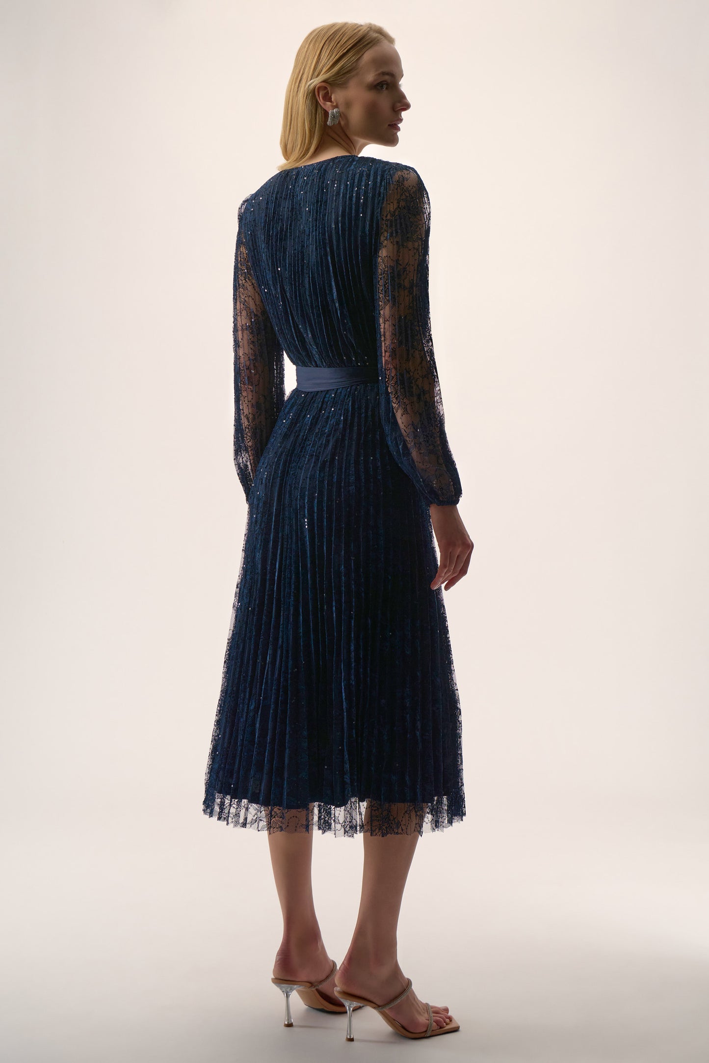 SEQUINED PLEATED LACE FIT & FLARE DRESS JOSEPH RIBKOFF