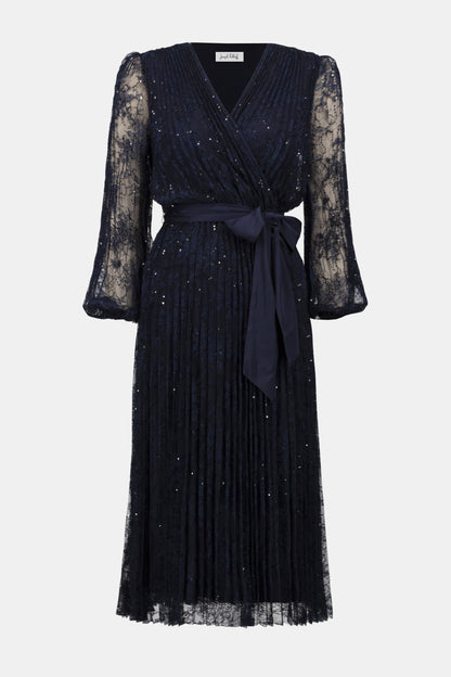 SEQUINED PLEATED LACE FIT & FLARE DRESS JOSEPH RIBKOFF