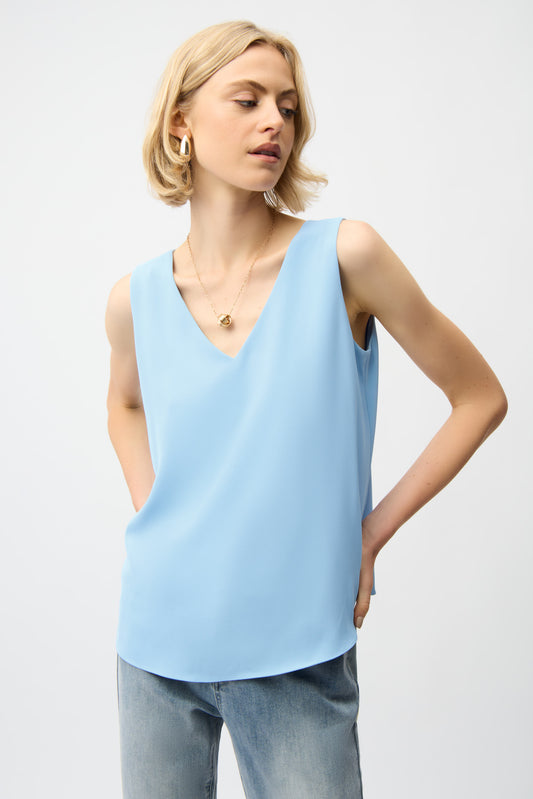 WOVEN TWILL SLEEVELESS V NECK TOP JOSEPH RIBKOFF