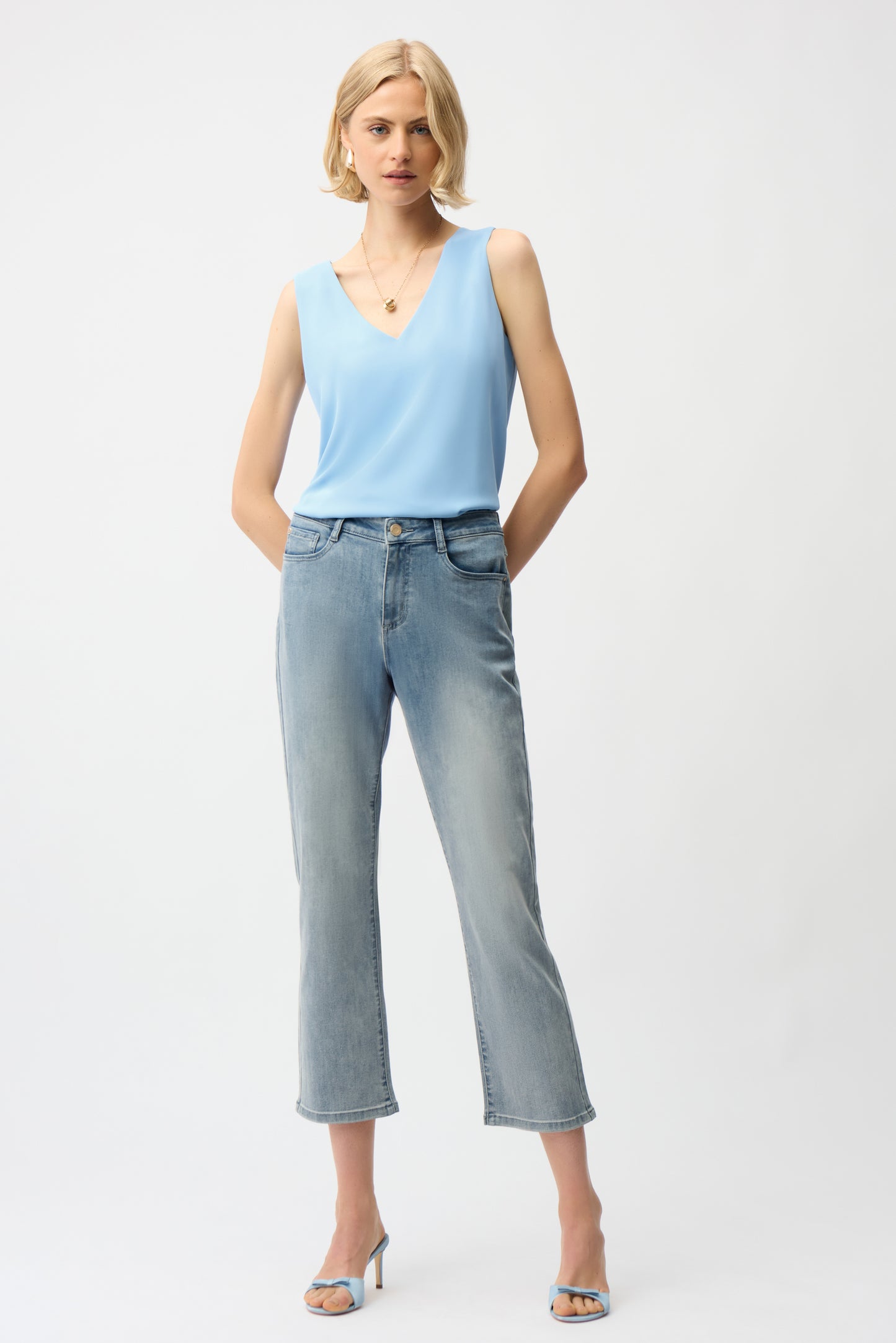 WOVEN TWILL SLEEVELESS V NECK TOP JOSEPH RIBKOFF
