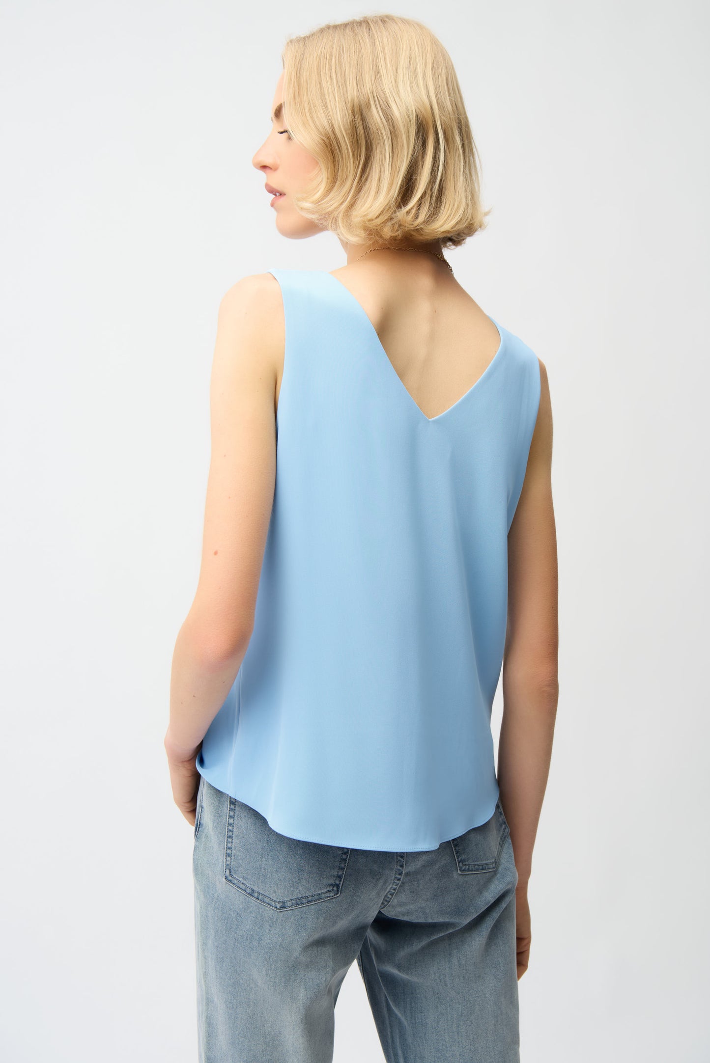 WOVEN TWILL SLEEVELESS V NECK TOP JOSEPH RIBKOFF