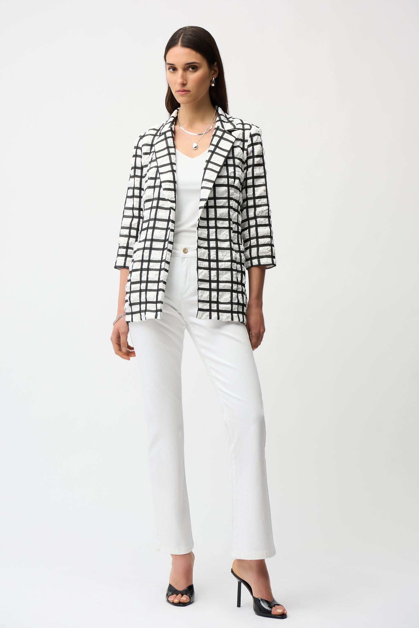 JACQUARD PLAID PRINT BOXY BLAZER JOSEPH RIBKOFF