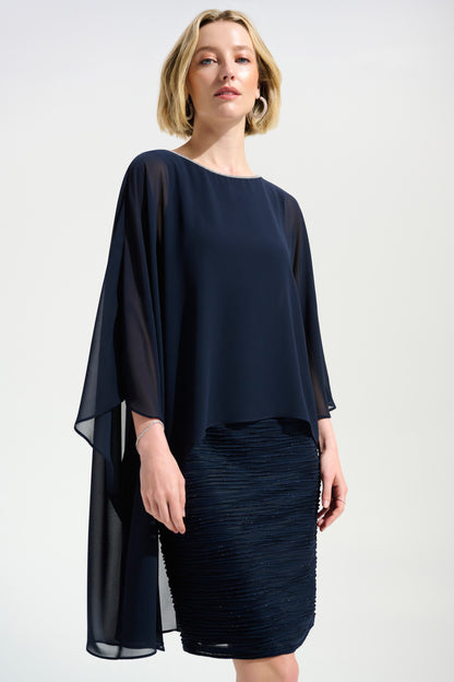 CASCADE KNIT SHEATH DRESS WITH CHIFFON PONCHO OVERLAY JOSEPH RIBKOFF