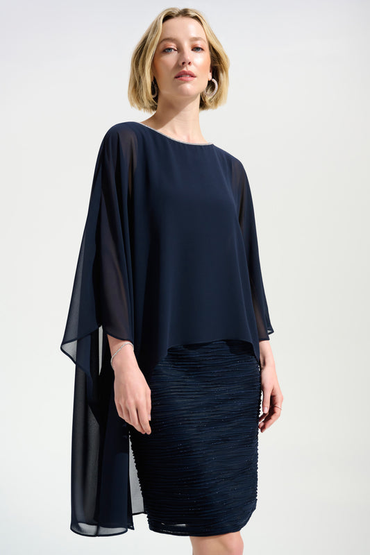 CASCADE KNIT SHEATH DRESS WITH CHIFFON PONCHO OVERLAY JOSEPH RIBKOFF