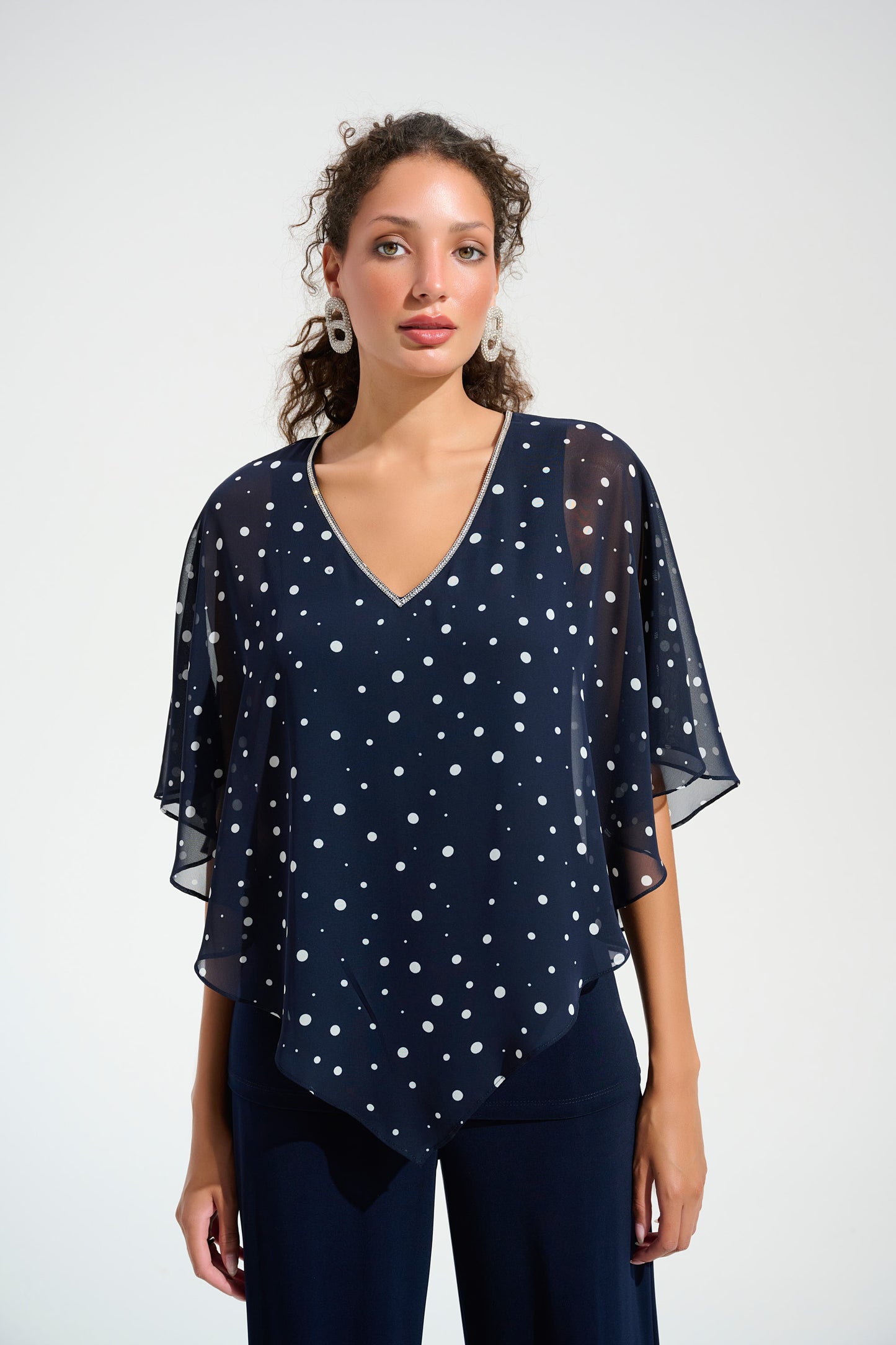 SILKY KNIT DOT PRINT PONCHO WITH RHINESTONES TRIM JOSEPH RIBKOFF