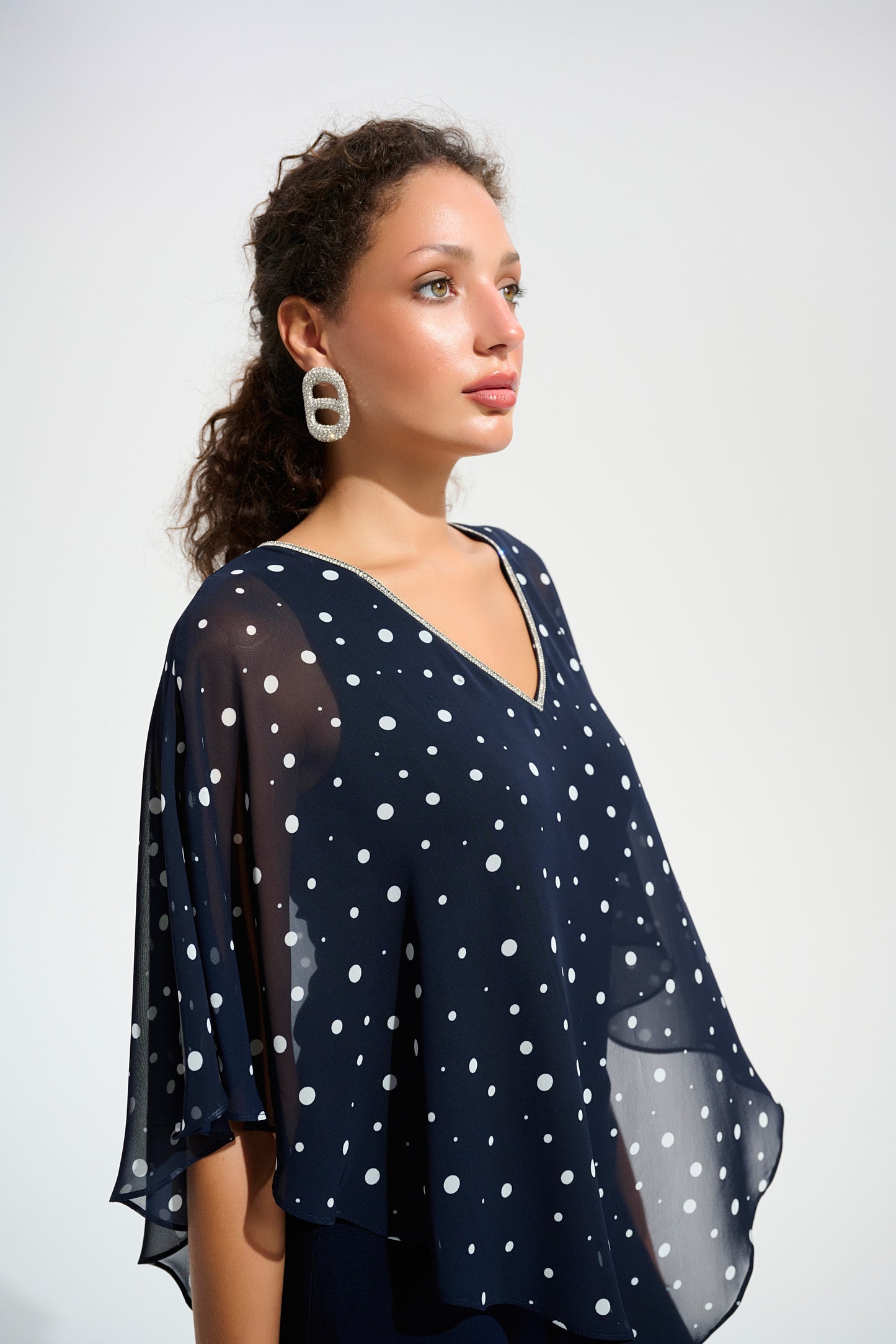 SILKY KNIT DOT PRINT PONCHO WITH RHINESTONES TRIM JOSEPH RIBKOFF