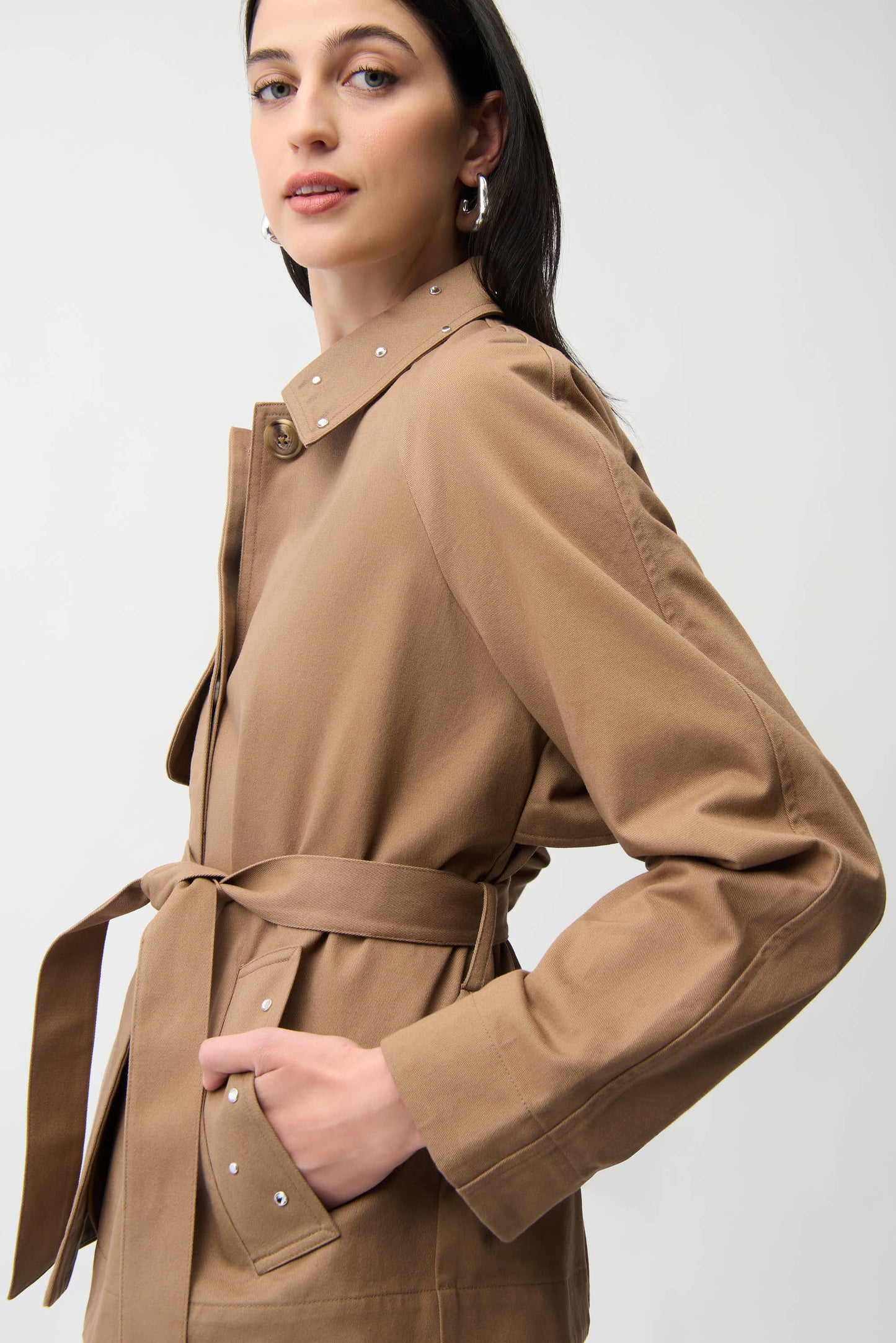 COTTON TWILL SHORT TRENCH WITH BELT & RHINESTONES DETAIL JOSEPH RIBKOFF