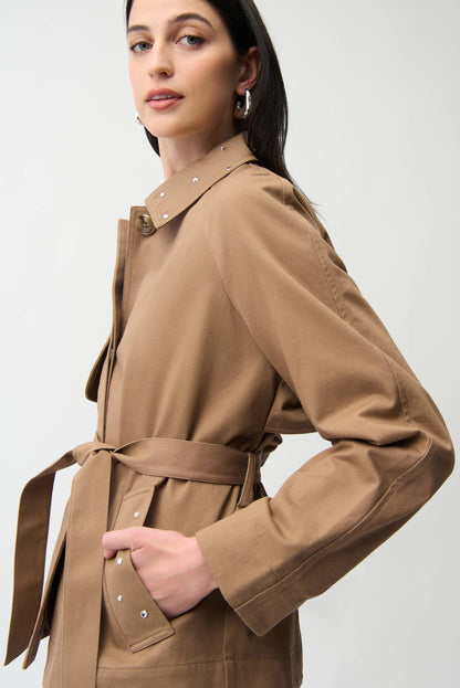 COTTON TWILL SHORT TRENCH WITH BELT & RHINESTONES DETAIL JOSEPH RIBKOFF