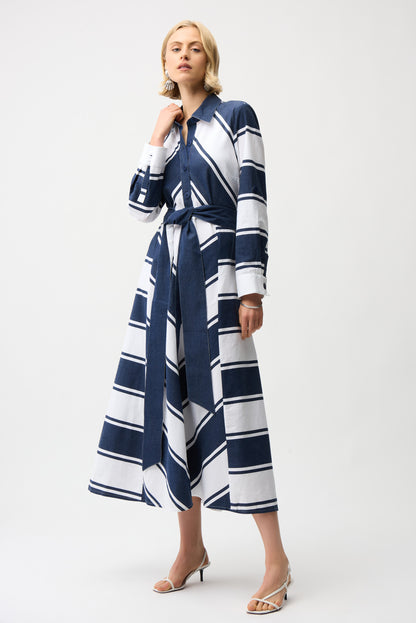 COTTON STRIPE FIT &FLARE SHIRT DRESS WITH REVERSIBLE SASH JOSEPH RIBKOFF