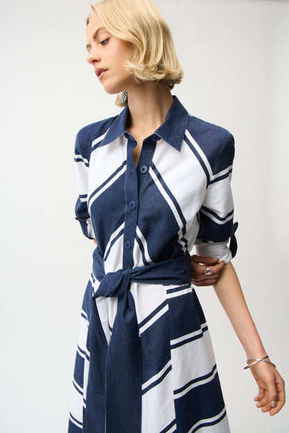 COTTON STRIPE FIT &FLARE SHIRT DRESS WITH REVERSIBLE SASH JOSEPH RIBKOFF
