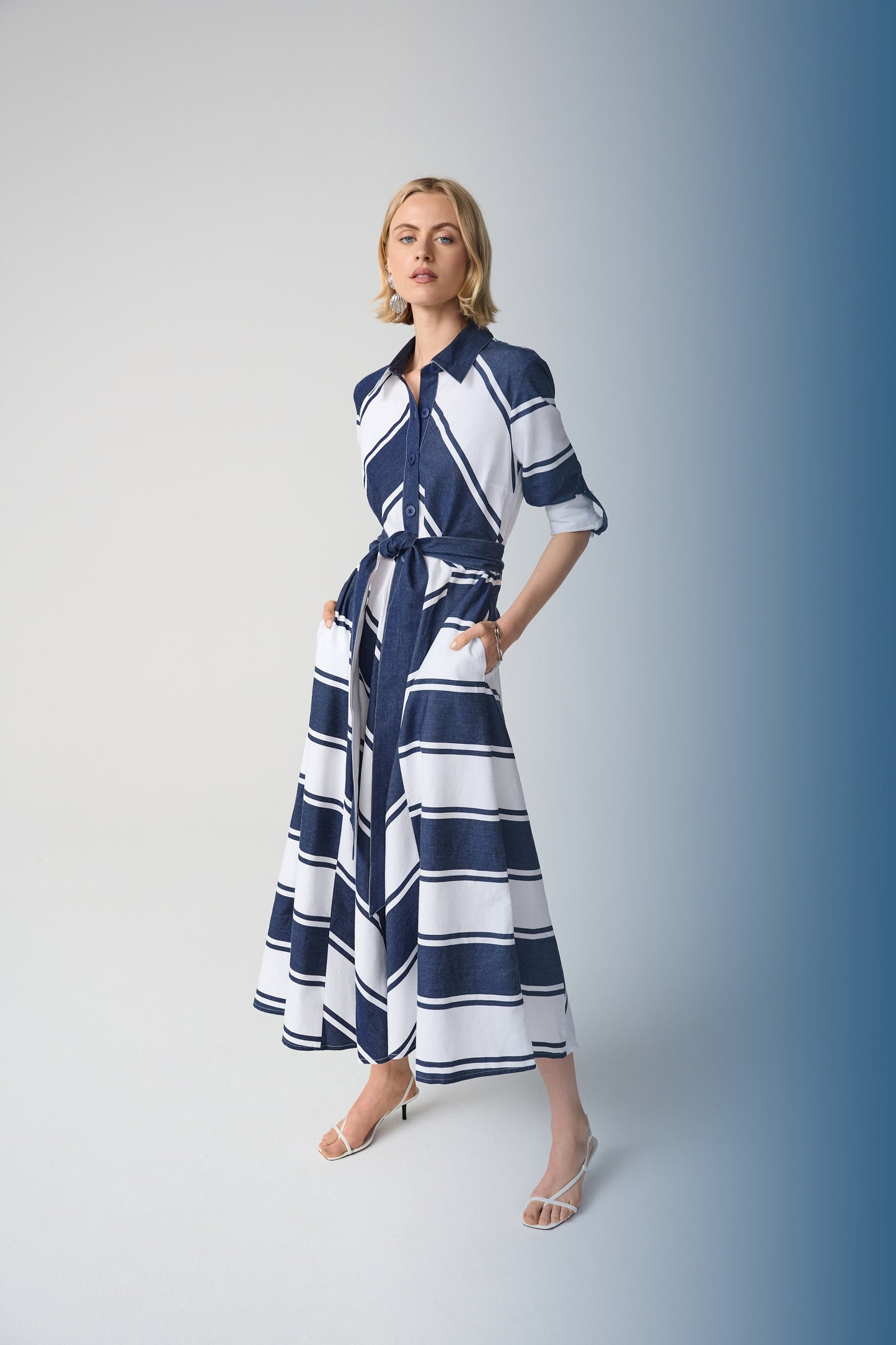 COTTON STRIPE FIT &FLARE SHIRT DRESS WITH REVERSIBLE SASH JOSEPH RIBKOFF