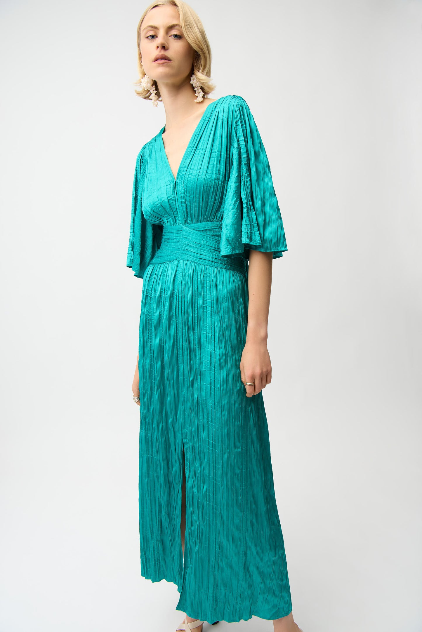 SATIN FIT & FLARE PLEATED DRESS WITH KNOT WAIST DETAIL JOSEPH RIBKOFF