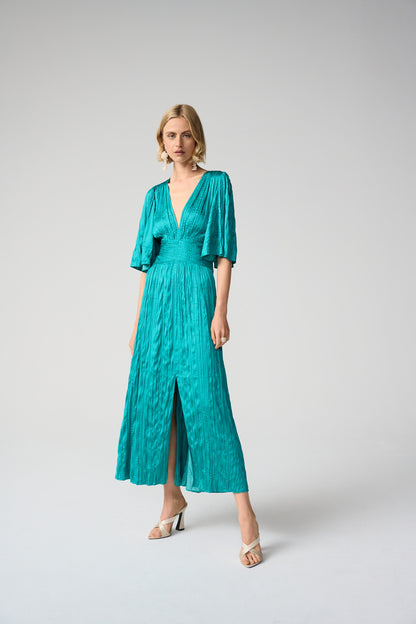 SATIN FIT & FLARE PLEATED DRESS WITH KNOT WAIST DETAIL JOSEPH RIBKOFF