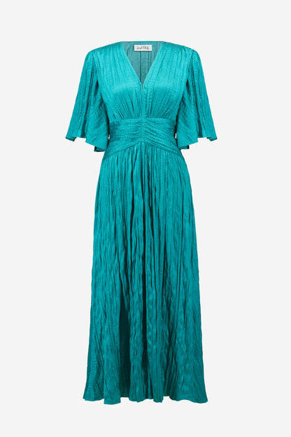 SATIN FIT & FLARE PLEATED DRESS WITH KNOT WAIST DETAIL JOSEPH RIBKOFF